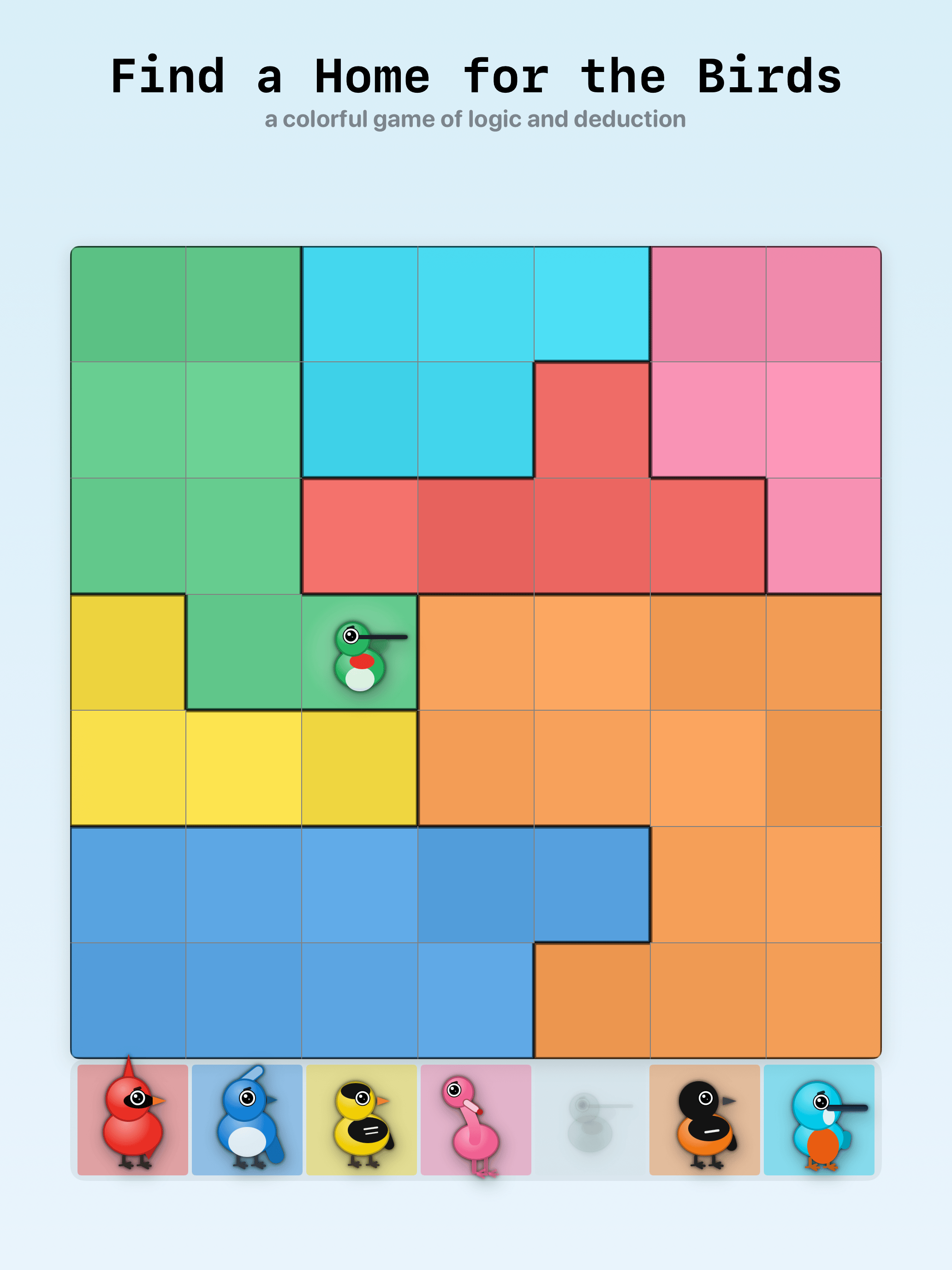 A colored puzzle board with several homes visible, awaiting bird placements