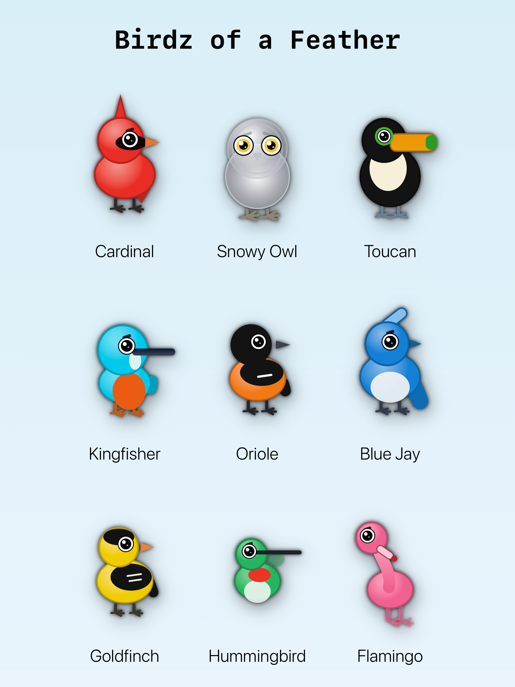 The recurring cast of bird characters shown together