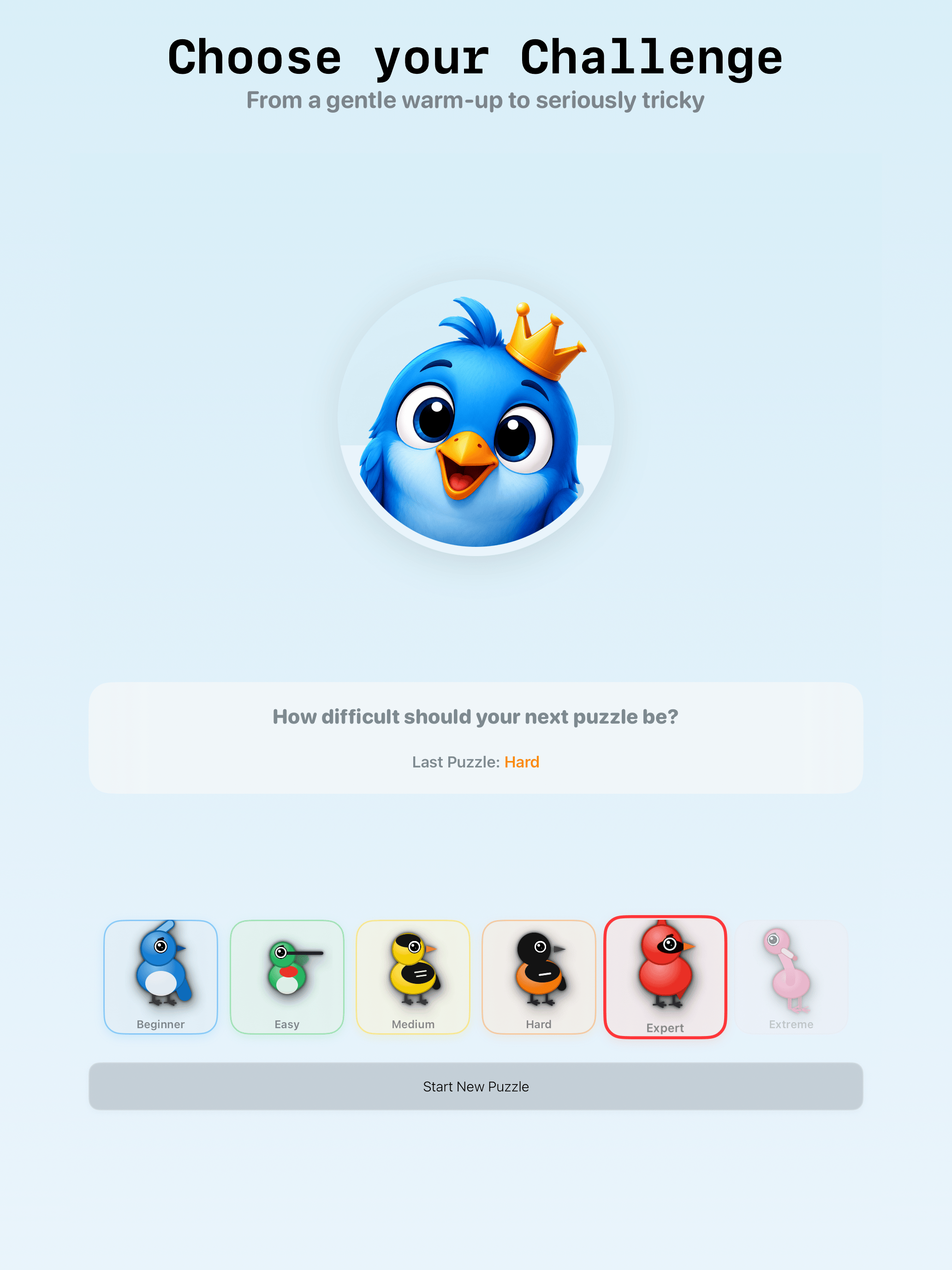 The difficulty selection screen showing bird-backed difficulty cards