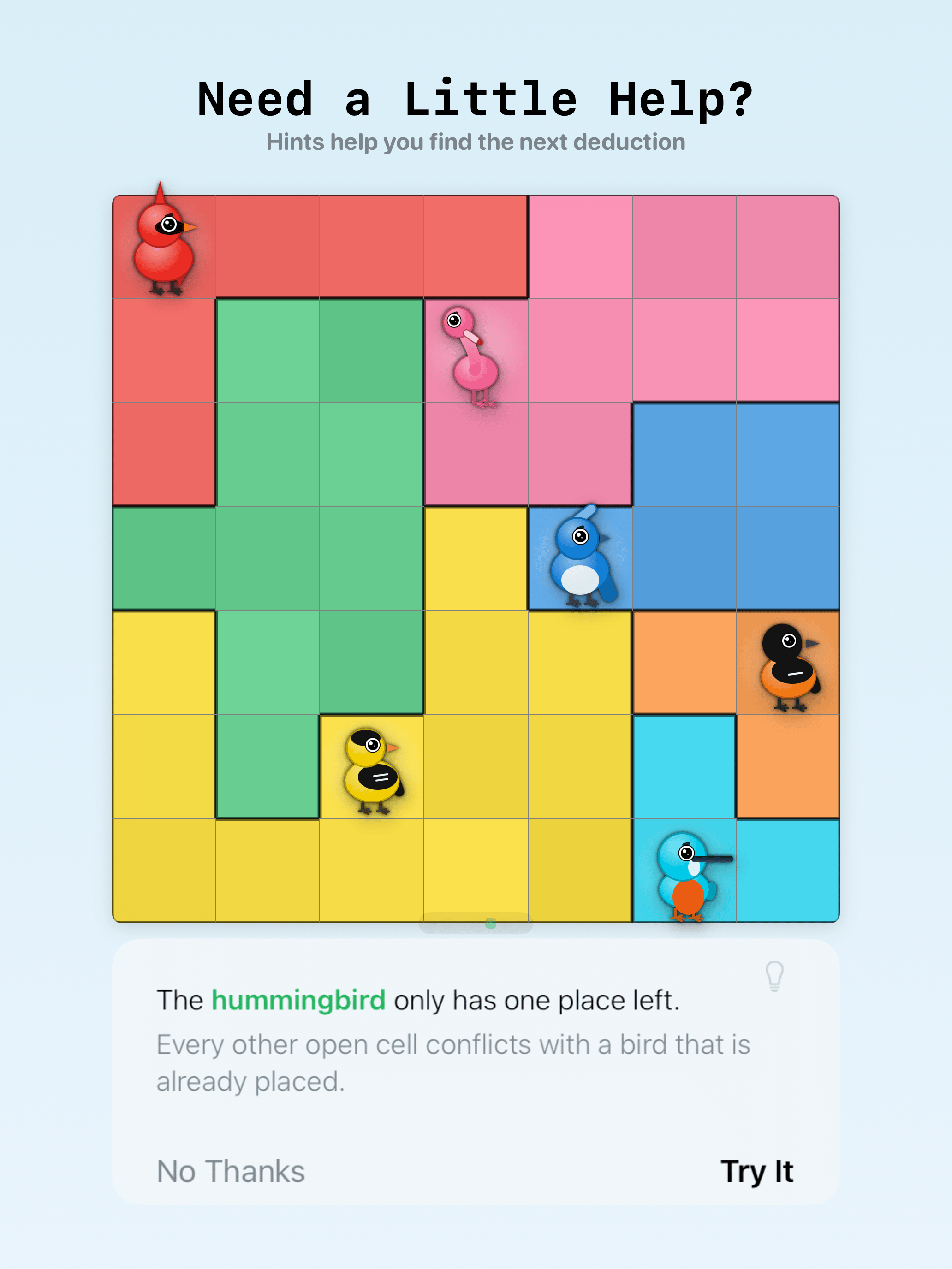 A hint highlighting cells or birds relevant to the next deduction