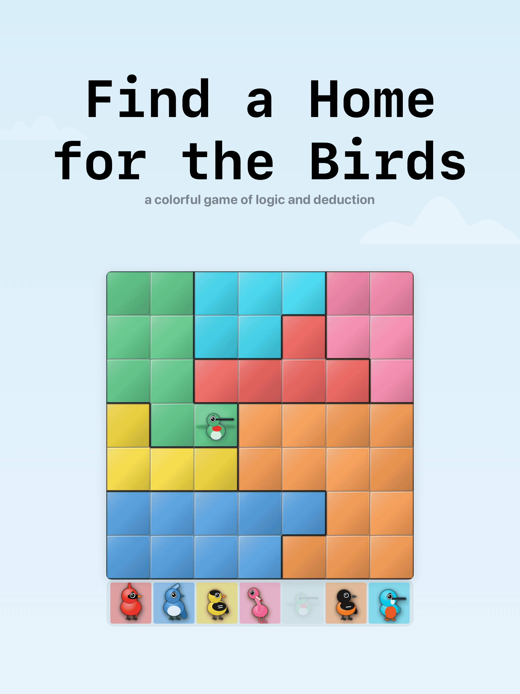 An in-progress puzzle board: a grid divided into colored regions with several birds already placed in their homes.