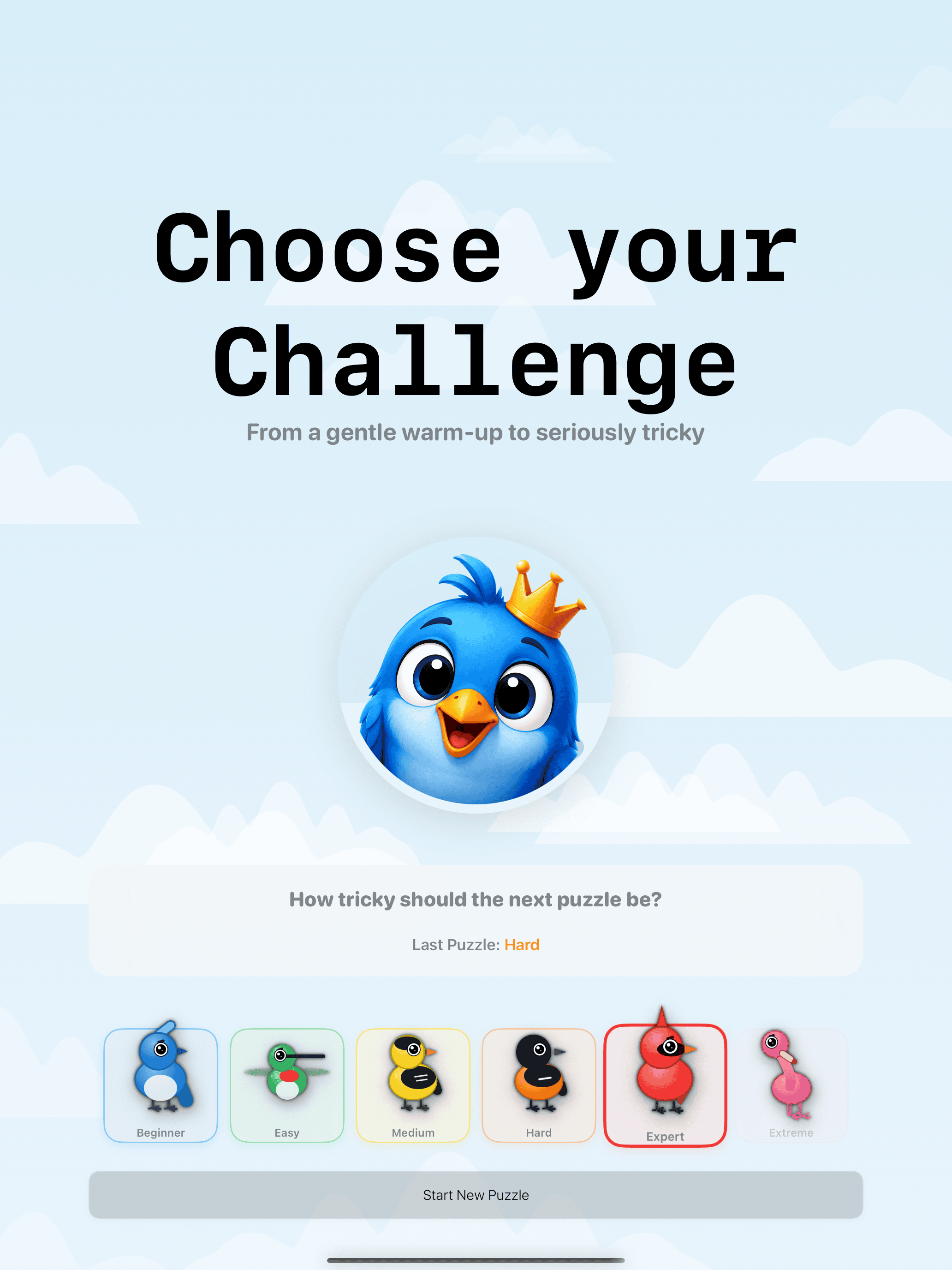 A difficulty selection screen with six tiers, each represented by a bird.