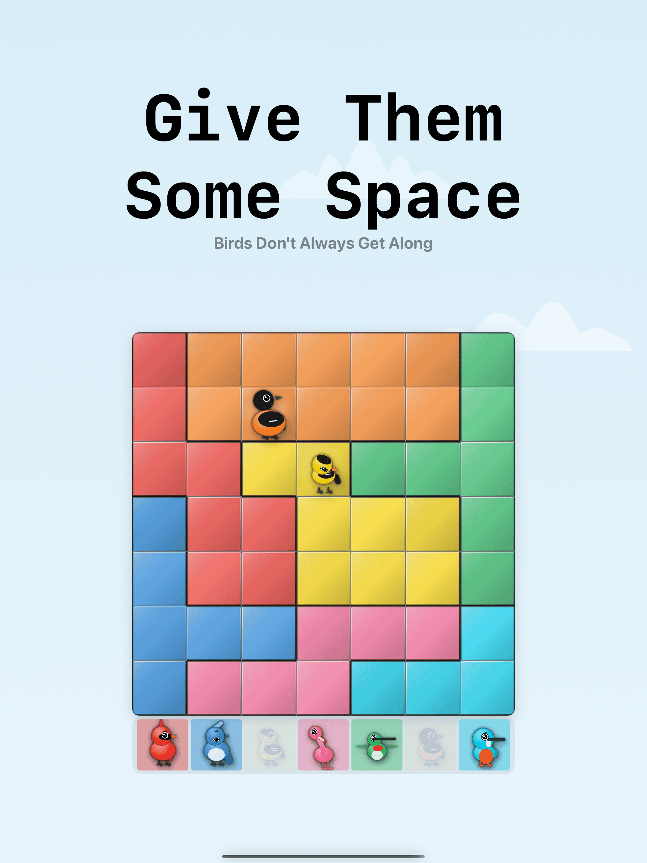 A conflict feedback screen: a newly placed bird has caused a neighboring bird to react and be evicted from the board.
