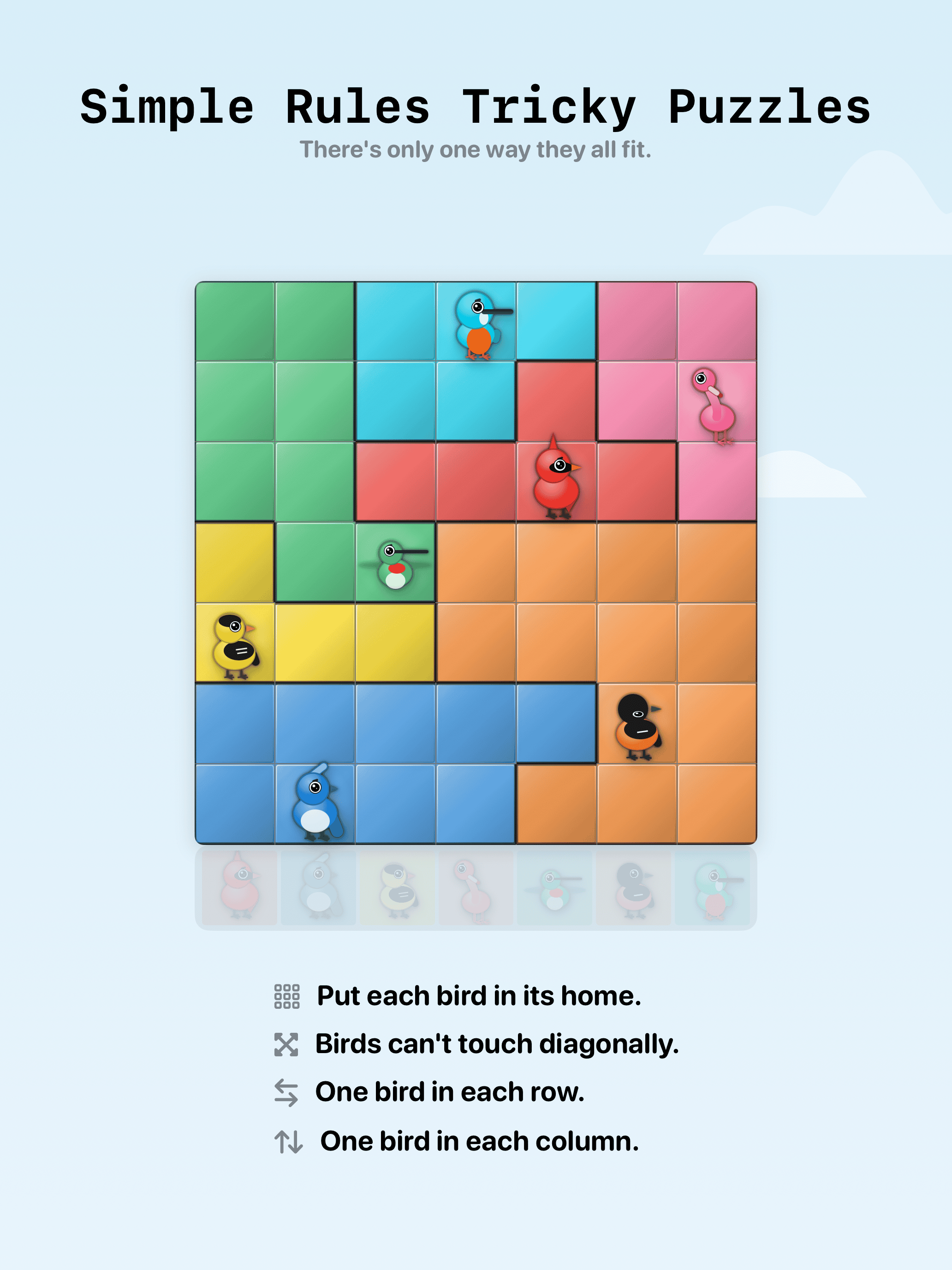 A rules overview screen: one bird per row, one per column, one per region, no diagonal adjacency.