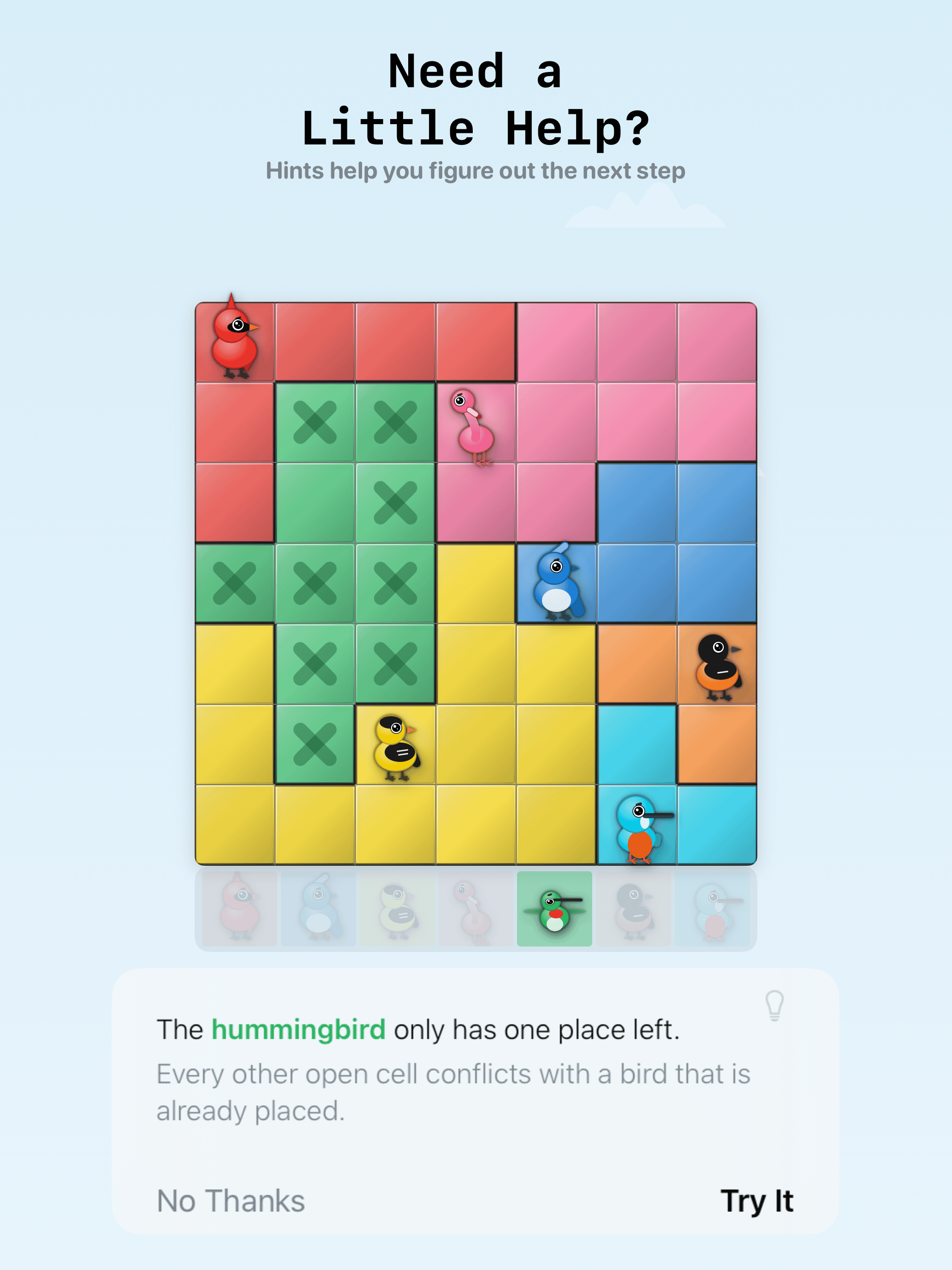 A hint being shown on an in-progress puzzle: the solver highlights a bird and the cell it should go in.