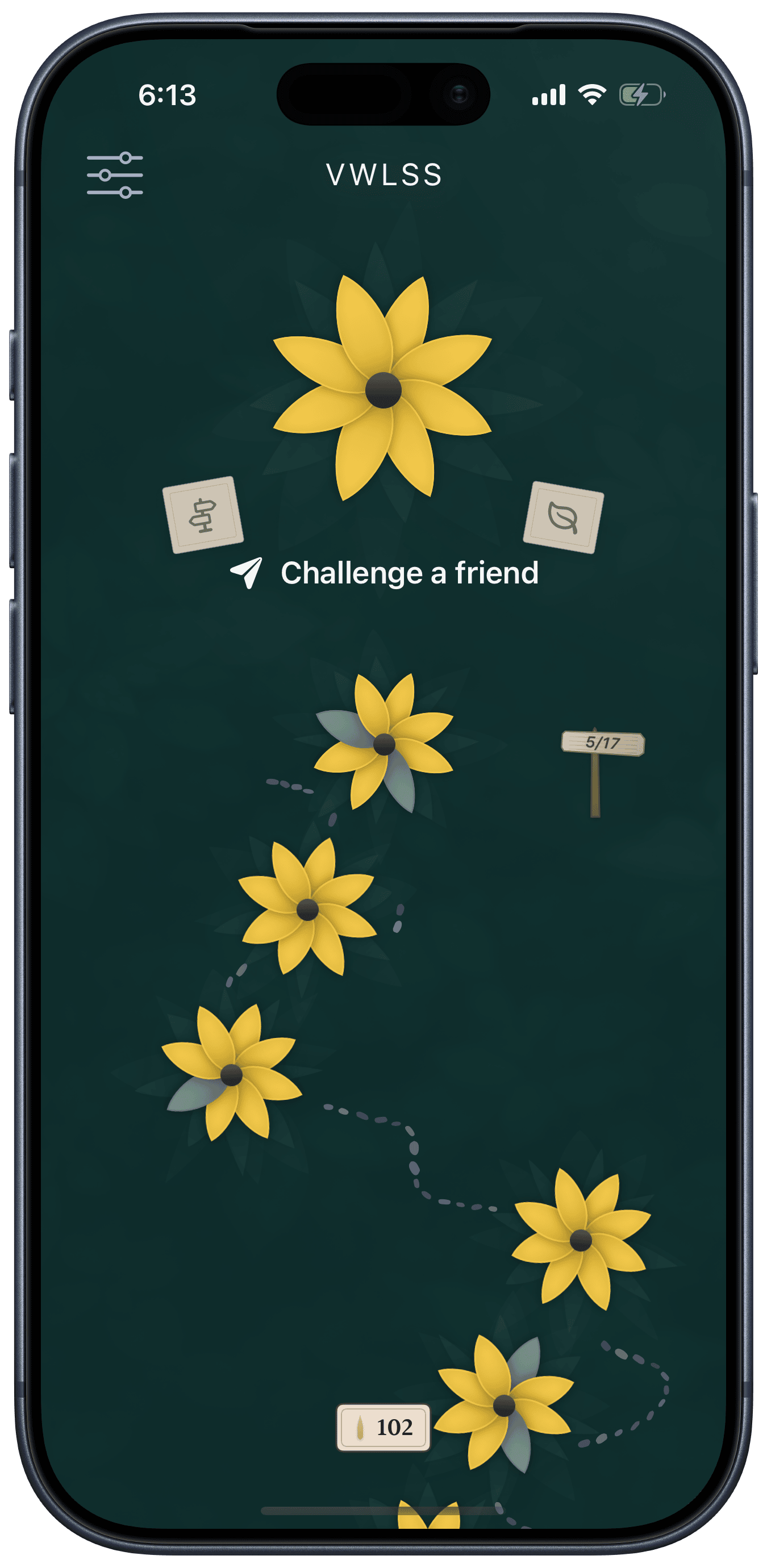 The garden — a trail of completed eight-petal flowers winding down the screen, with a 'Challenge a friend' prompt at the top