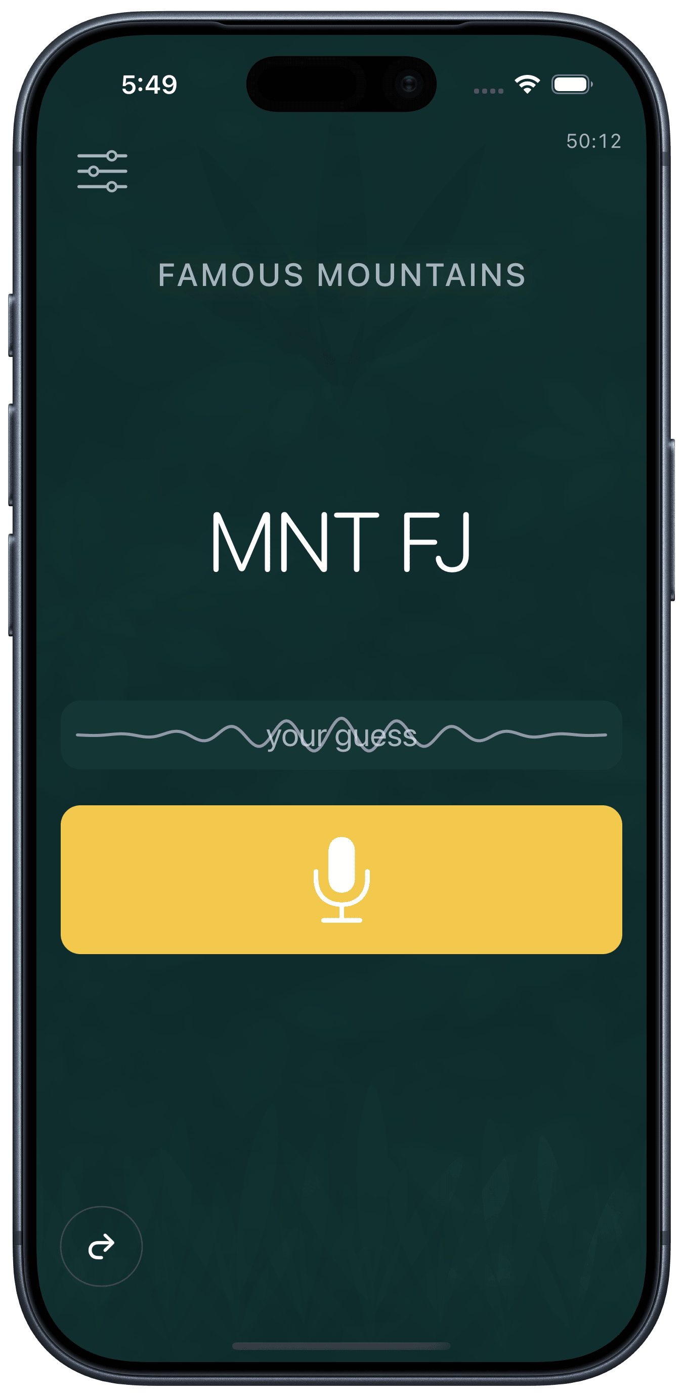 A clue mid-round — MNT FJ under Famous Mountains, mic at the ready