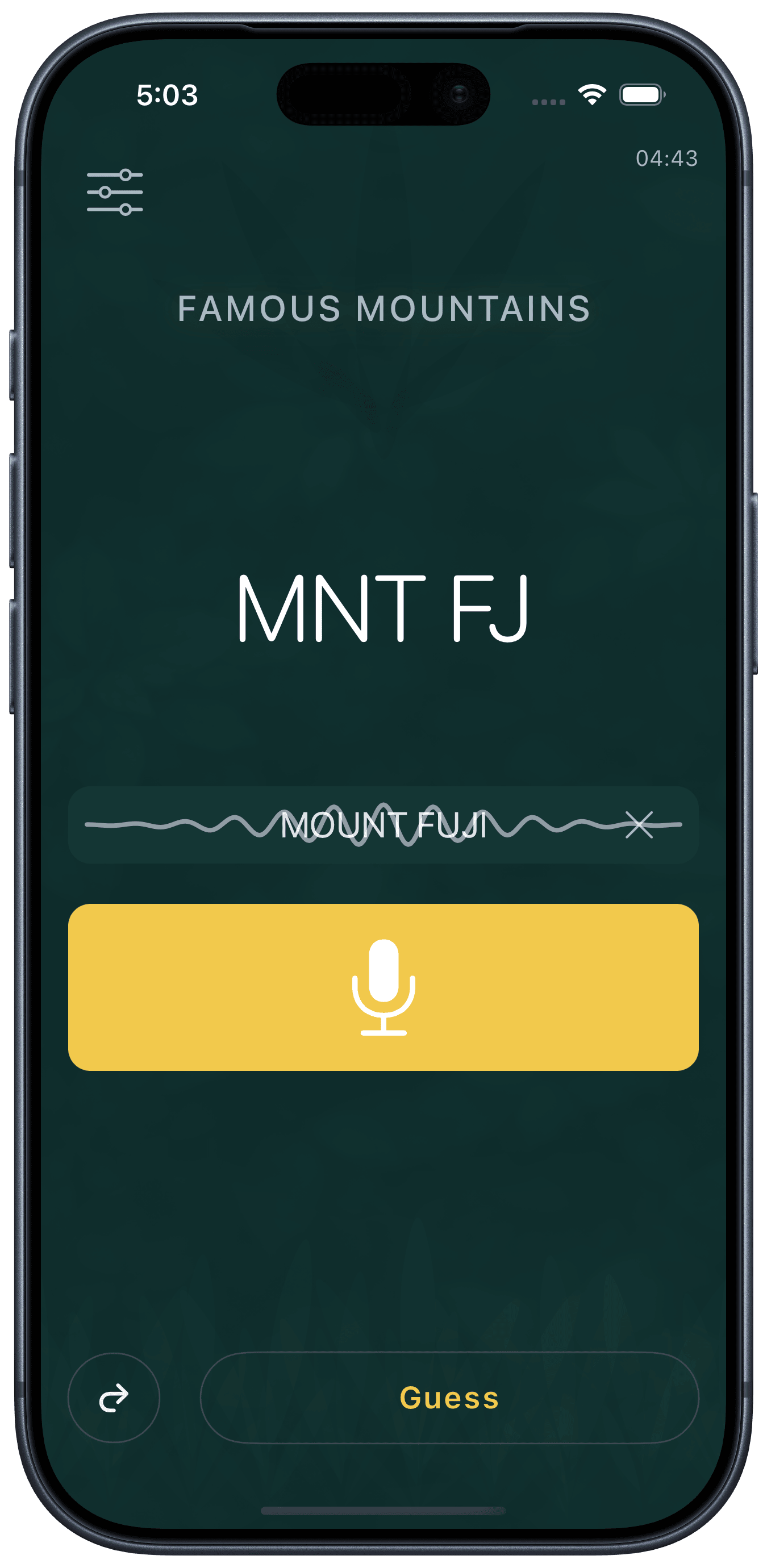 Voice input mid-round — 'MNT FJ' under Famous Mountains, with the spoken answer 'MOUNT FUJI' captured as handwriting above an active microphone