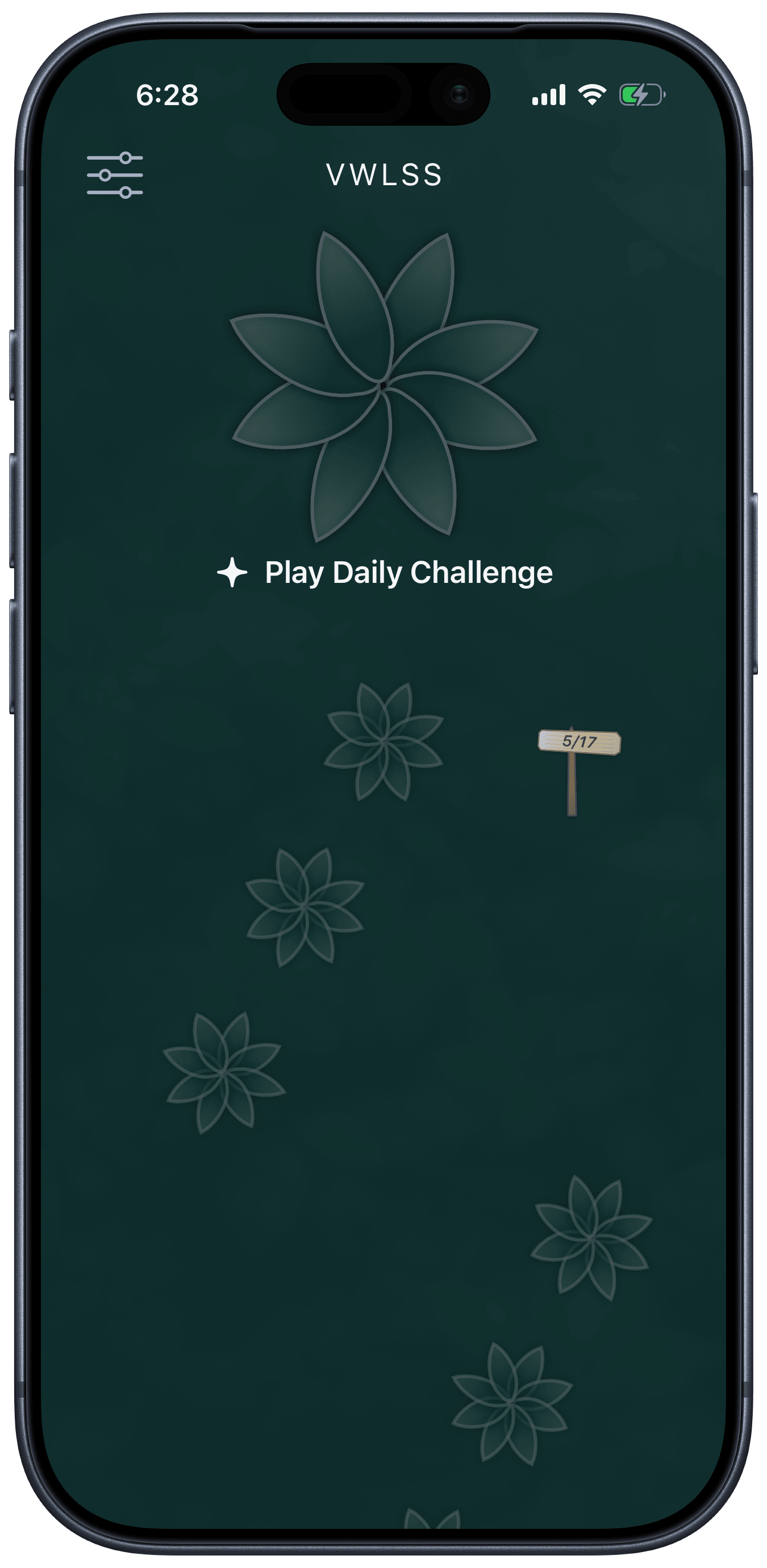 Today's challenge ready to play — a dimmed eight-petal flower above '+ Play Daily Challenge', with previous days' flowers fading below
