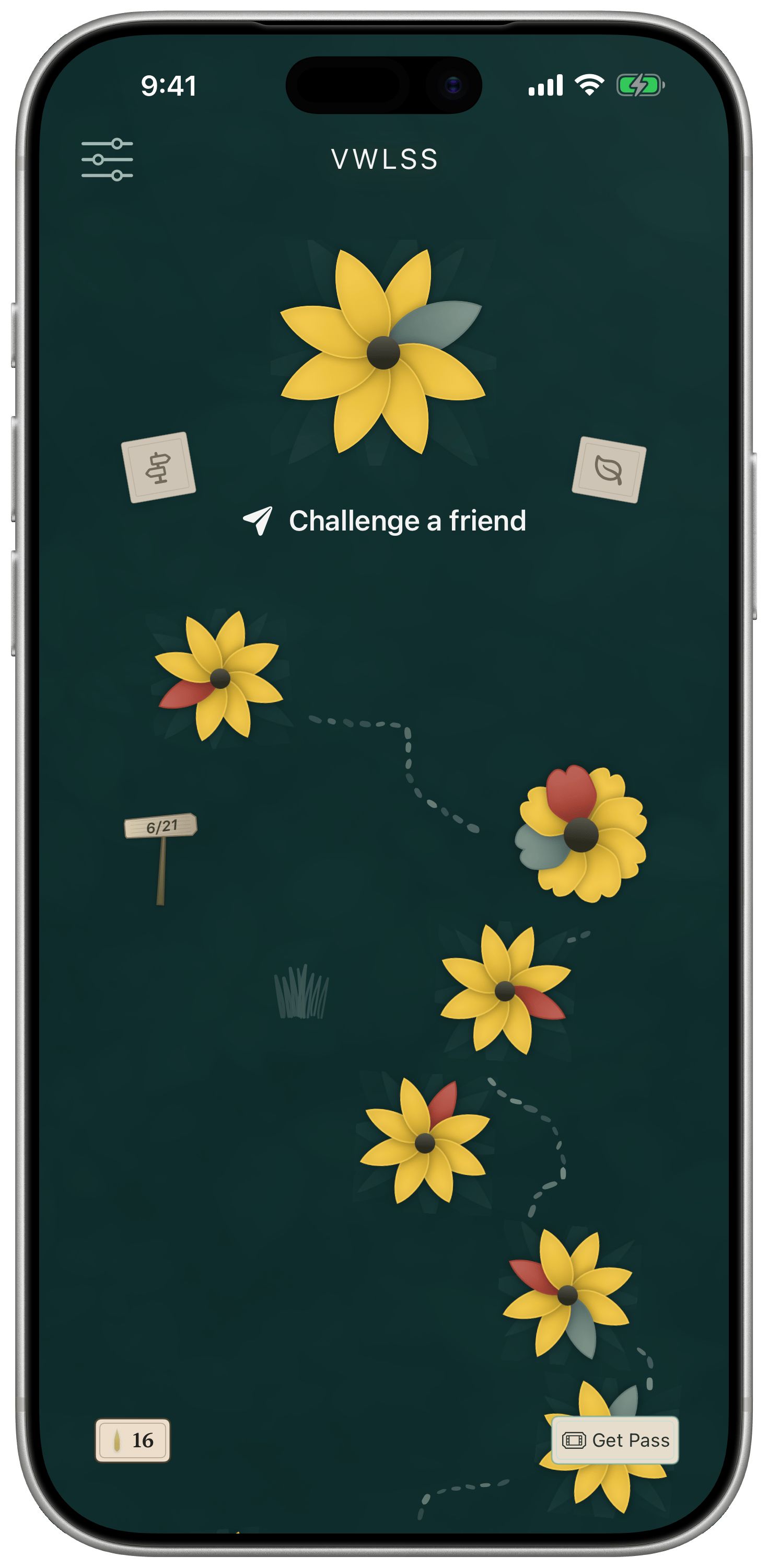 The home screen after many days of play — a long trail of flowers down the garden path.