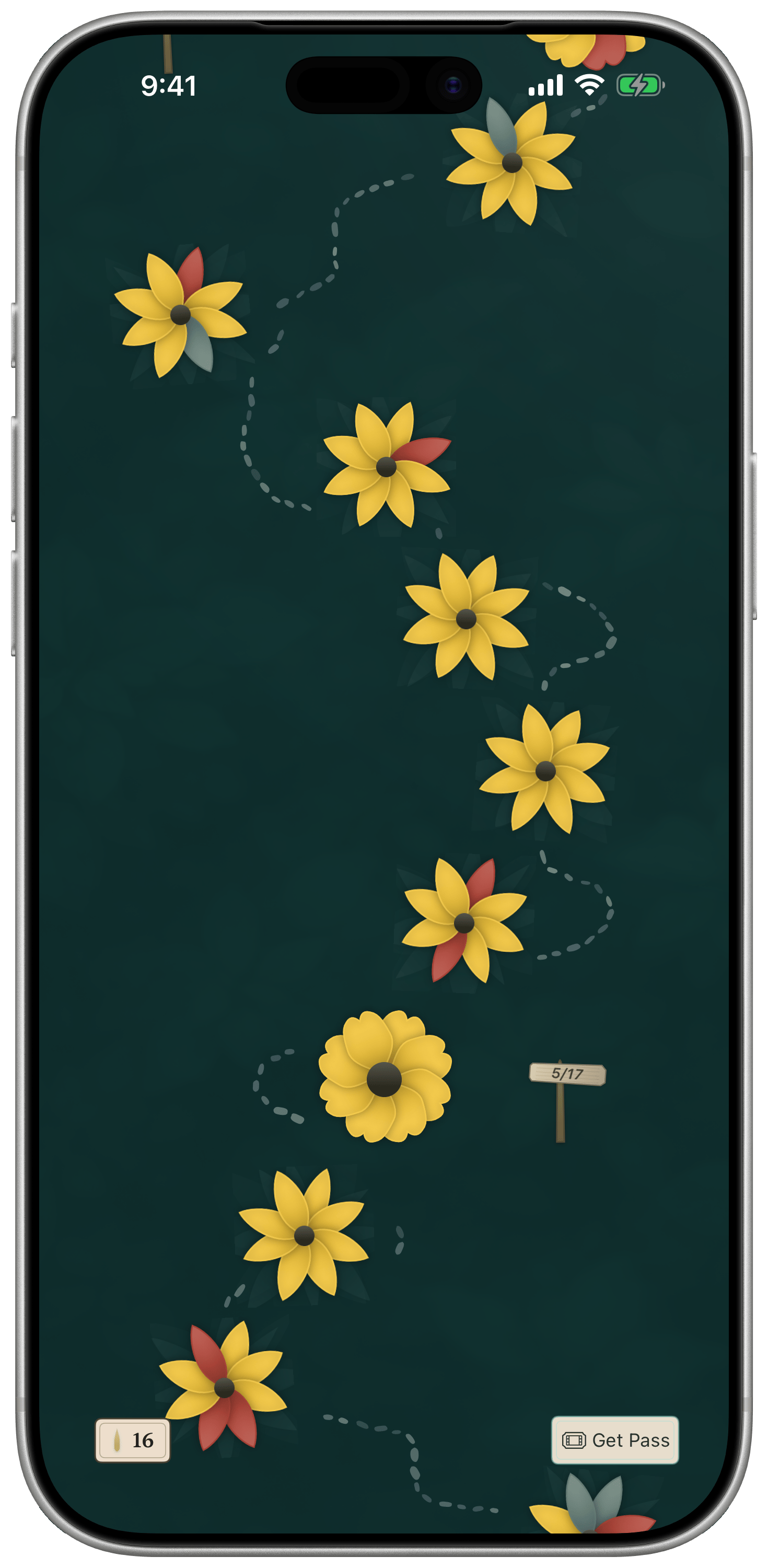 The garden scrolled back to show past played challenges along the path.