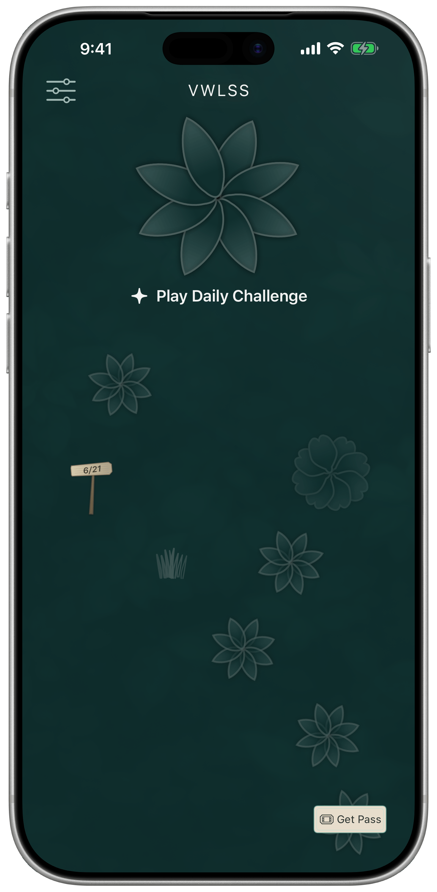 The home screen before any challenges have been played — an empty garden path.