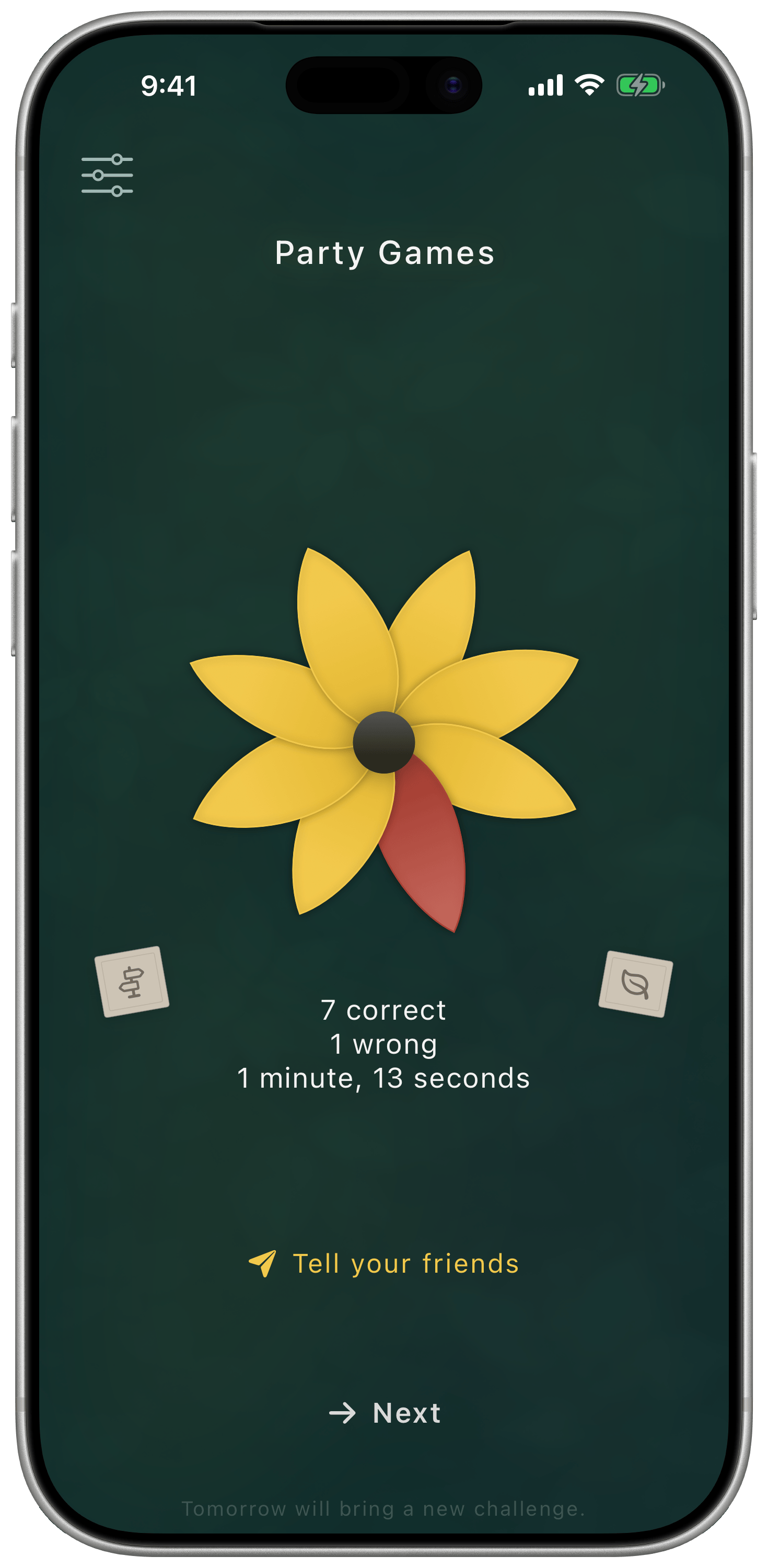 The challenge completion view: a flower with seven yellow petals and one petal marking a wrong guess in eight.