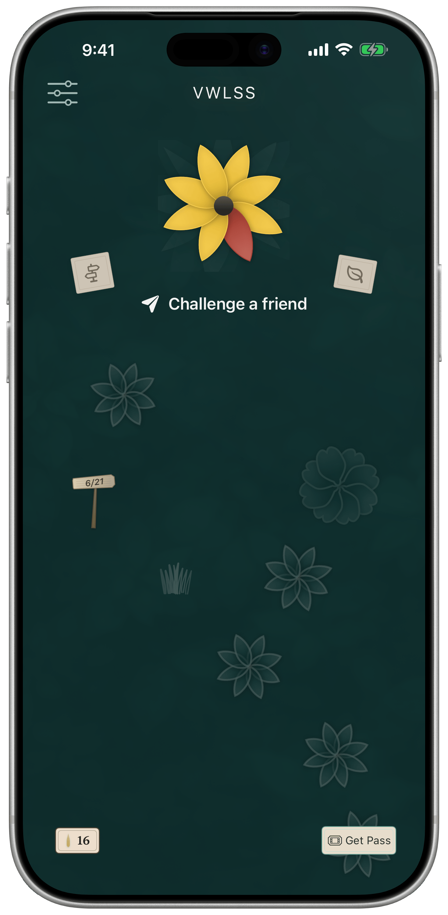 The home screen with one flower in the garden after completing the first daily challenge.